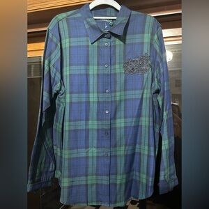 Lauren Ralph Lauren Beaded Patch Plaid Shirt XL NWT
